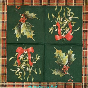Holly & Mistletoe Decoupage Napkins Set Of 2 Beverage 10&quot; x 10&quot; Craft Napkins