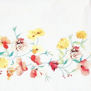 May include: A watercolor floral print featuring pink, yellow, and red flowers on a white background. The flowers are arranged in a border pattern around the edge of the print.
