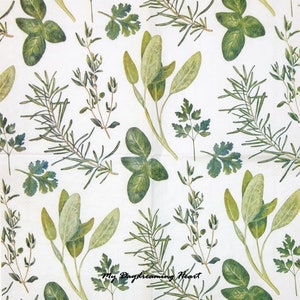 May include: White paper napkin with a repeating pattern of green and light green herbs, including rosemary, sage, basil, and parsley. The words "My Daydreaming Heart" are printed in the bottom right corner.