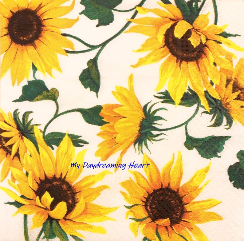 Sunflower Decoupage Napkins Luncheon x3 Yellow Flower Brown Etsy