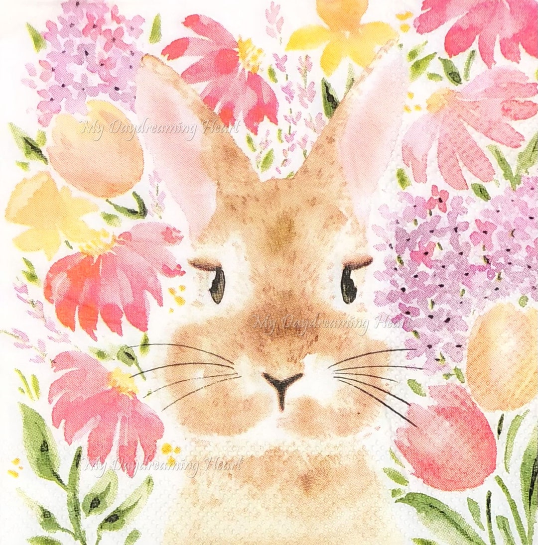 2 Bunny Rabbit Decoupage Napkins Bunny & Flowers Beverage Napkins