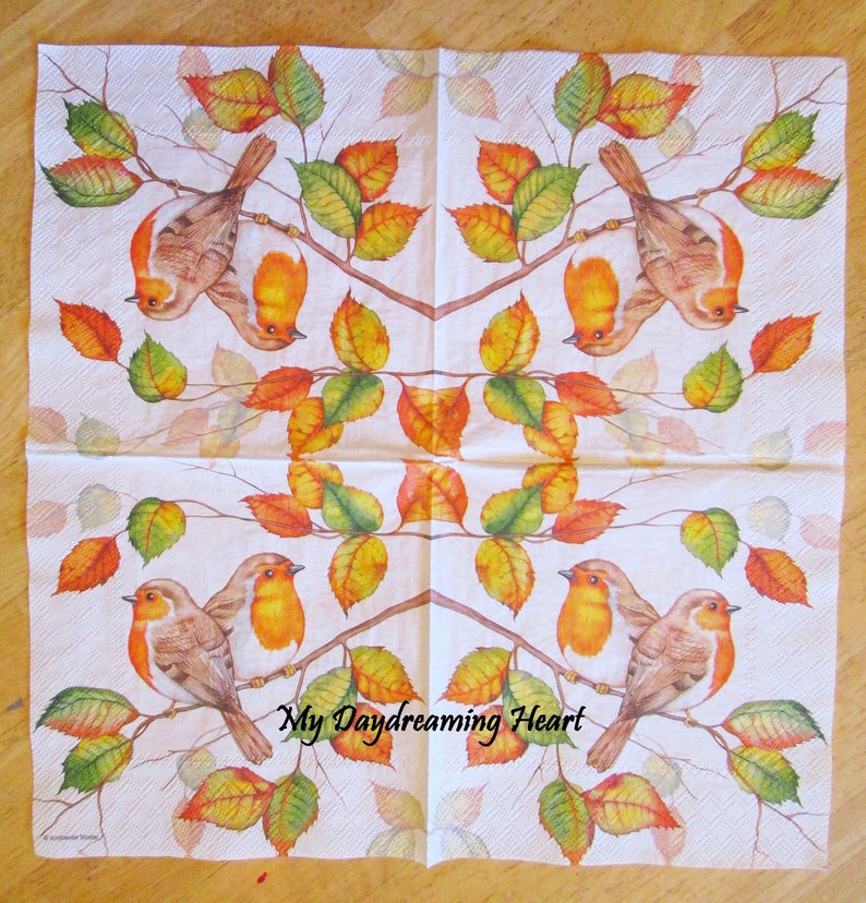 Autumn Birds Decoupage Napkins Colorful Fall Foliage Napkins Etsy