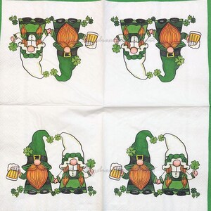 St. Patrick's Day Gnomes
On White Background
2 Single Beverage Napkins
FOR CRAFT USE ~ NOT PACKAGES
Size:  10" x 10" Unfolded  
Material:  3-Ply Paper