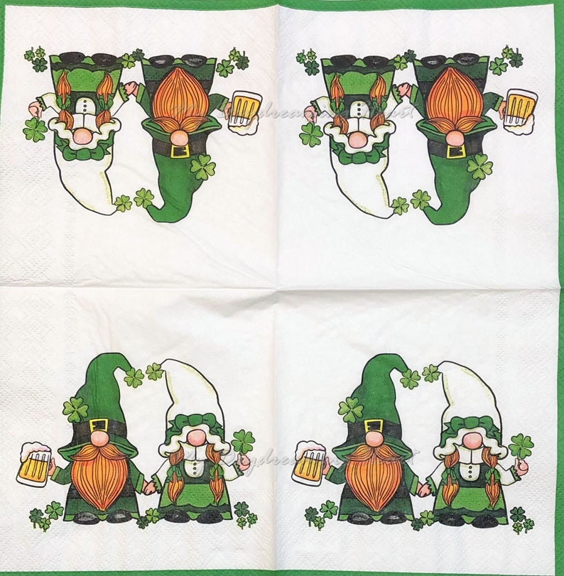 St. Patrick's Day Gnomes
On White Background
2 Single Beverage Napkins
FOR CRAFT USE ~ NOT PACKAGES
Size:  10" x 10" Unfolded  
Material:  3-Ply Paper