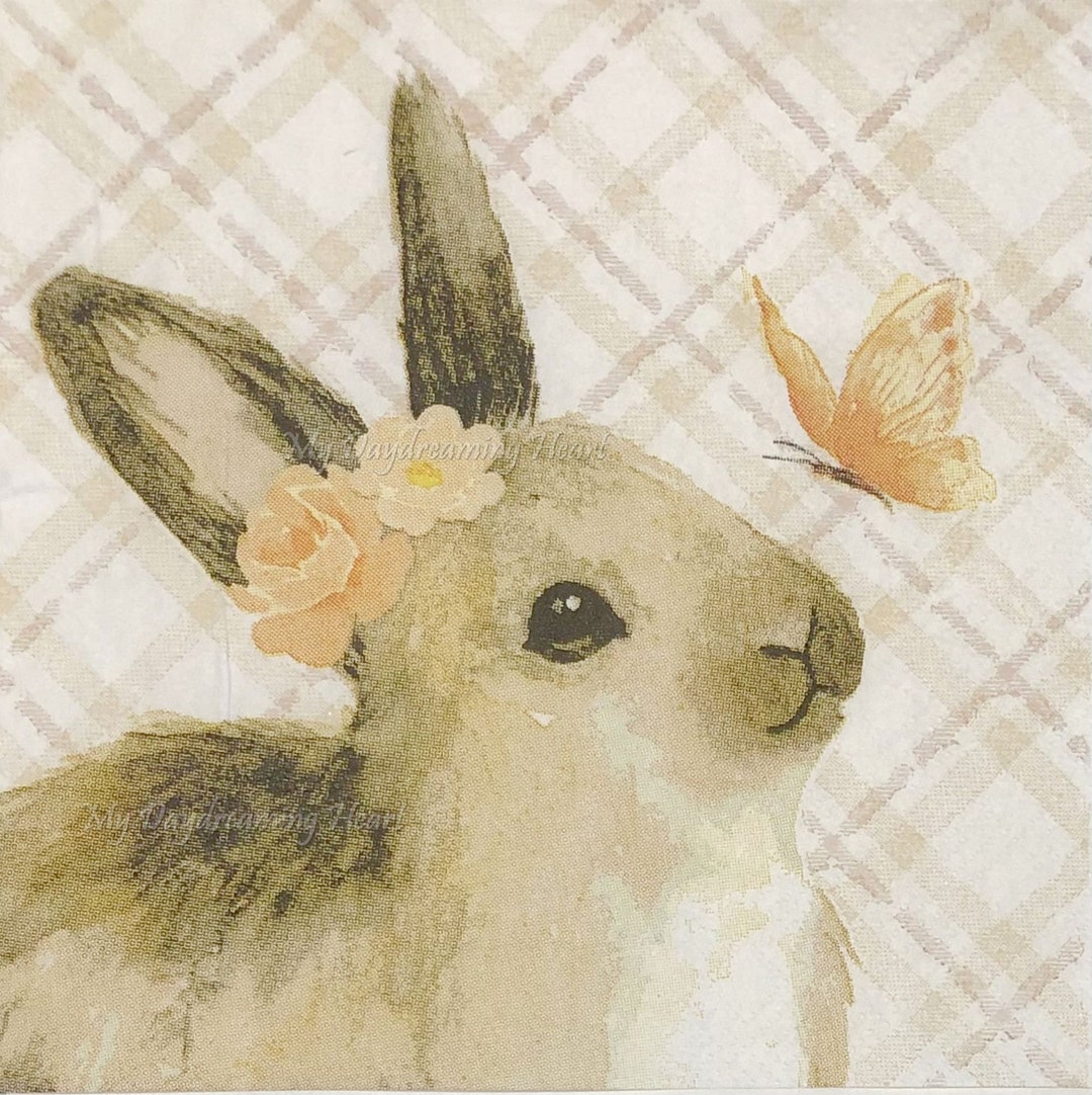 2 Bunny Rabbit Decoupage Napkins Bunny & Butterfly Cocktail Napkins