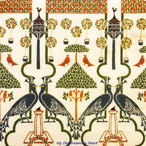 May include: A vintage style fabric design featuring a repeating pattern of peacocks, trees, and birds in a garden setting. The design is in shades of green, blue, orange, and brown.