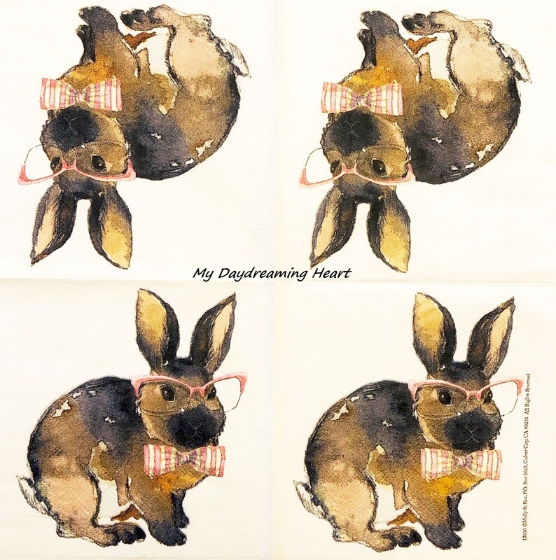 Watercolor Rabbit Decoupage Napkins Bunny Glasses & Bow Tie Etsy