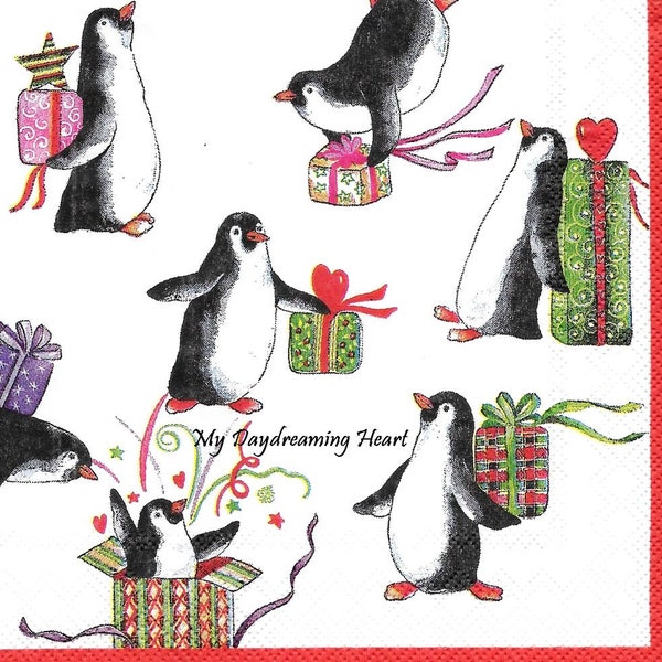 Christmas Penguins Napkins For Decoupage Penguins With Gifts Decoupage Paper Napkins