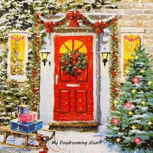 Christmas Door Decoupage Napkins Set of 3 Lunch 13&quot; x 13&quot; Craft Napkins
