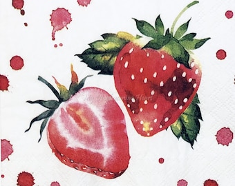 Strawberries Decoupage Napkins Set Of 2 Beverage 10" x 10" Craft Napkins