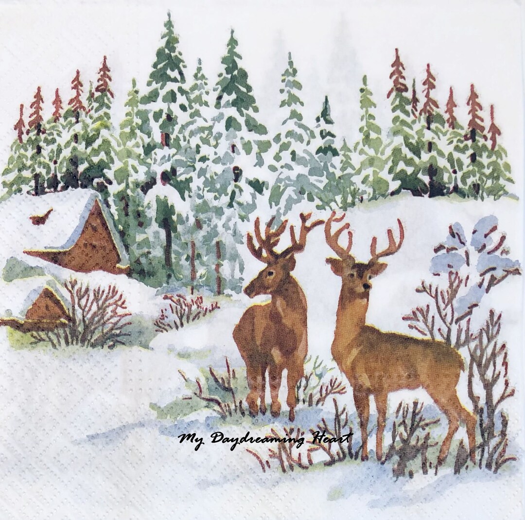 Winter Deer Decoupage Napkins Snowy Deer Scene Napkins Etsy