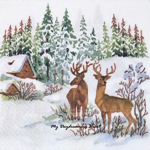 Winter Deer Decoupage Napkins Set Of 3 Snowy Scene Lunch 13&quot; x 13&quot; Craft Napkins