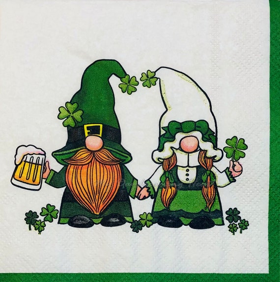 Gnomes Decoupage Napkins Set Of 2 Beverage 10" x 10" St. Patrick's Craft Napkins