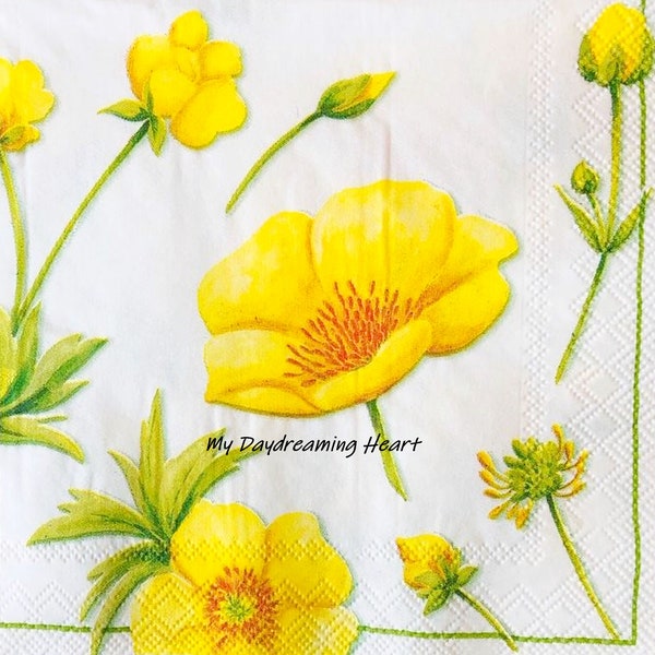 Buttercup Decoupage Paper Napkins Yellow Flower Beverage Napkins Decoupage, Journals, Card Making