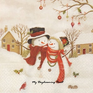 Snowman Couple Decoupage Napkins Set Of 3 Lunch 13&quot; x 13&quot; Craft Napkins