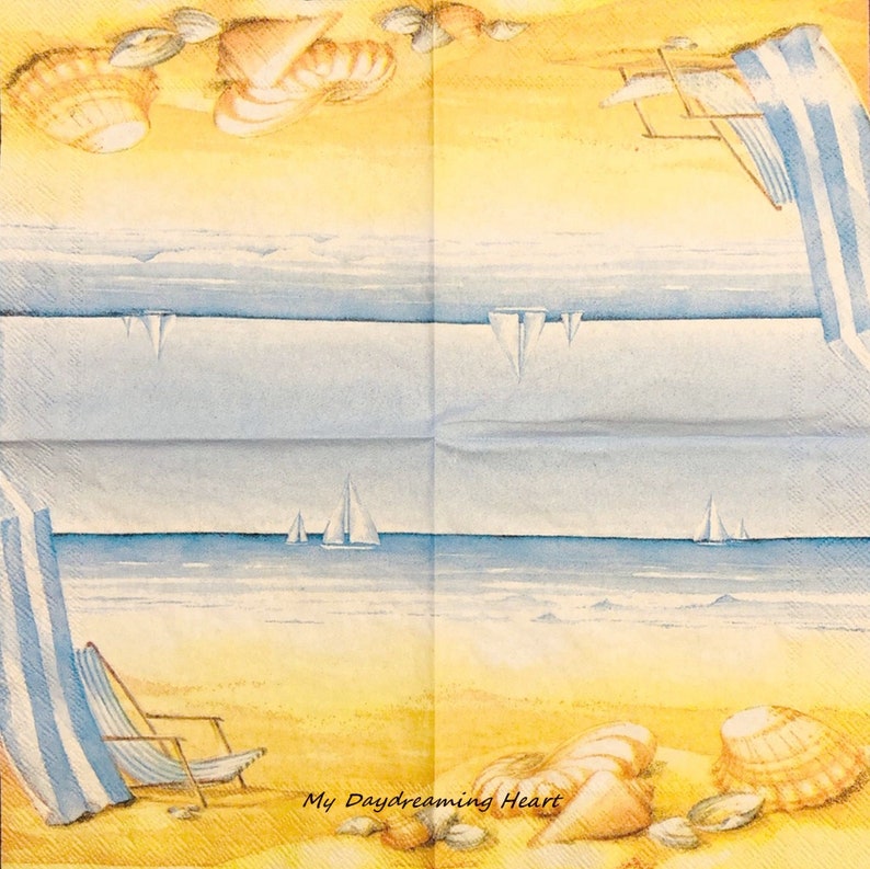 Beach Chair Decoupage Napkins Coastal Seashells Beach Scene Etsy