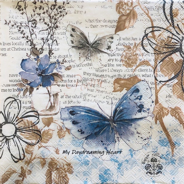 Blue Butterflies Decoupage Napkins Writing Words Wildflowers Napkins Decoupage, Collage, Card Making