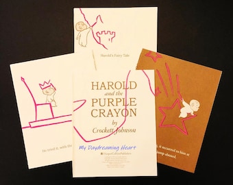 May include: A vintage children's book cover featuring a purple crayon and the text "Harold and the Purple Crayon" by Crockett Johnson. The cover also includes the text "My Daydreaming Heart" and "HarperCollins Publishers".