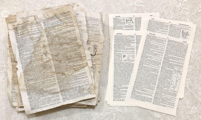 Dictionary Pages Combo Pack
Mix Of Coffee Dyed & Naturally-Aged 

30 Dictionary Pages Total
15 Pages Coffee Stained & 
15 Pages Naturally-Aged 

Both styles of dictionary pages are double-sided and both have pictures here and there
