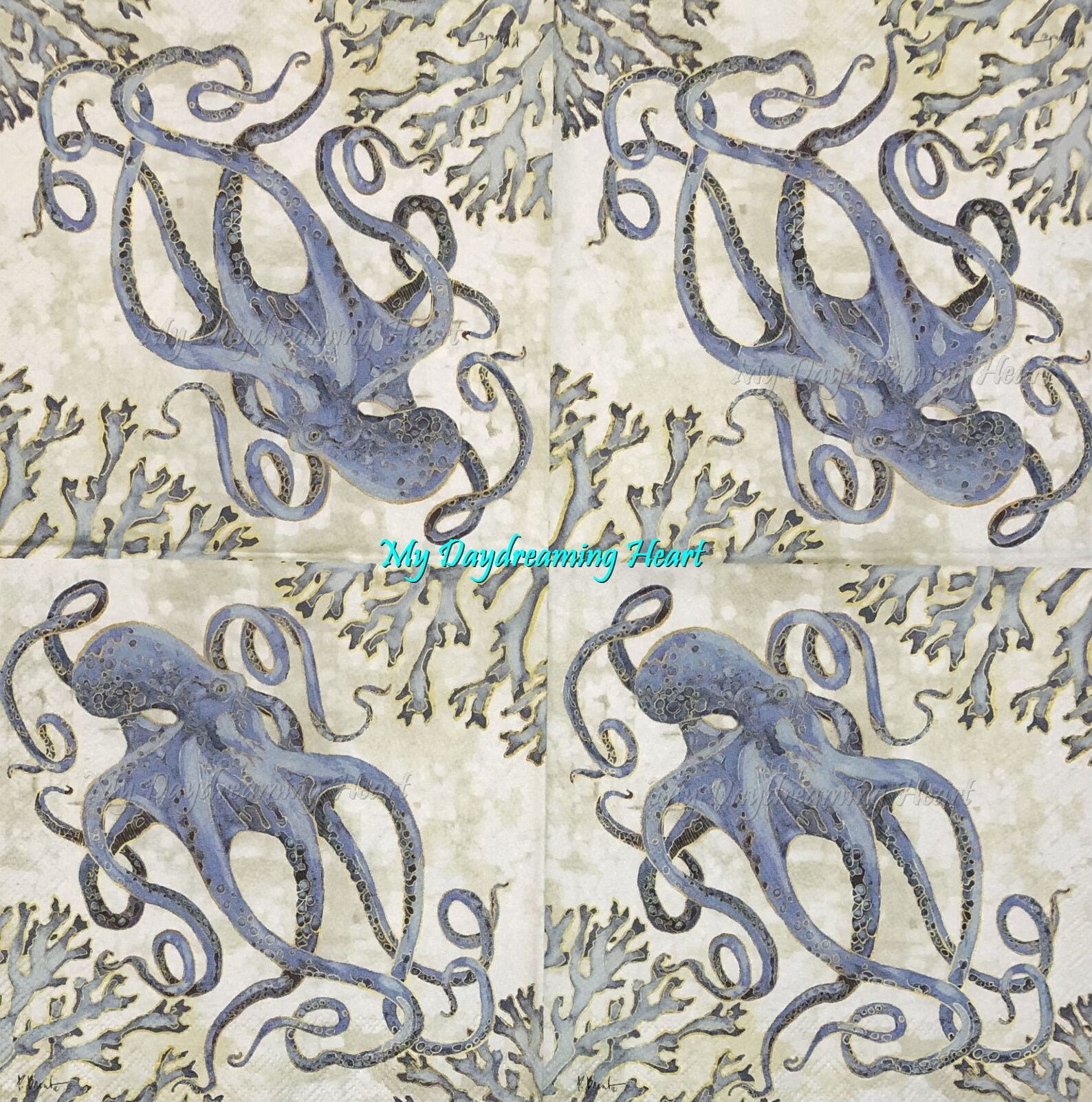 Octopus Decoupage Paper Napkins Coastal Life Beverage Napkins Etsy