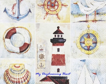May include: A nautical themed collage with a blue anchor, a red and white life preserver, a lighthouse, a compass, a sailboat, and a seashell. The text "My Daydreaming Heart" is written in blue.