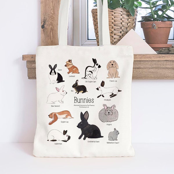 Bunny rabbit tote bag. Illustrated rabbit tote bag. Rabbit lover gift. Rabbit bag. Bunny Tote bag. Bunny lover gift.