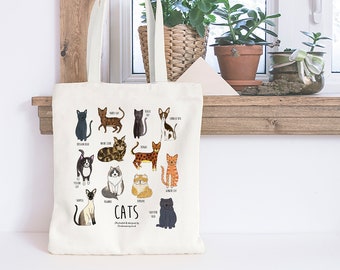 Cat tote bag. Illustrated cat tote bag. Cat lover gift. Cat bag. Cat Tote. Cat Cotton shopper.