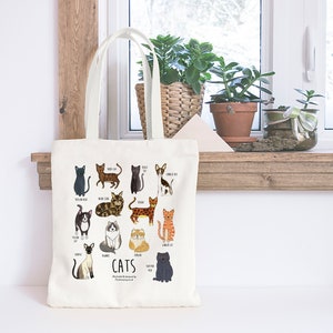 Cat tote bag. Illustrated cat tote bag. Cat lover gift. Cat bag. Cat Tote. Cat Cotton shopper.