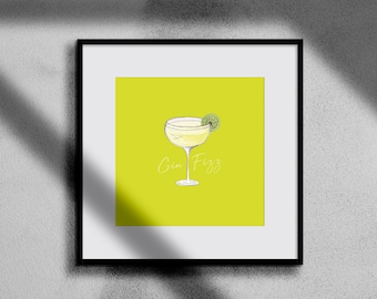 Gin fizz cocktail print. Gin fizz cocktail. Cocktail lover. Cocktail lover gift. Cocktail wall art.