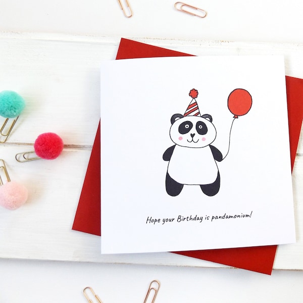 Funny panda Birthday card. Hope your Birthday is a panda-monium card. Funny Birthday card. Panda card.