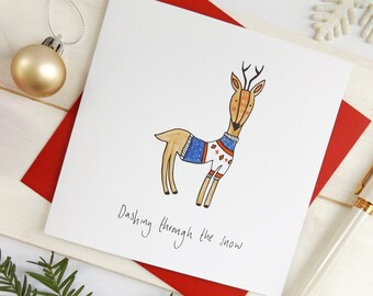 Funny reindeer Christmas card. Christmas jumper reindeer ‘dashing through the snow’ Christmas card.  Reindeer Christmas card.
