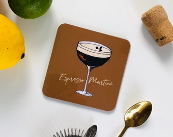 Illustrated espresso martini cocktail coaster. Espresso martini cocktail. Espresso martini drink. Cocktail lover gift.