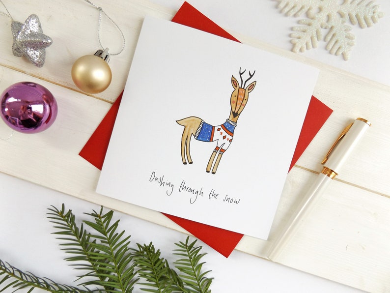 Funny reindeer Christmas card. Christmas jumper reindeer dashing through the snow Christmas card. Reindeer Christmas card. image 1