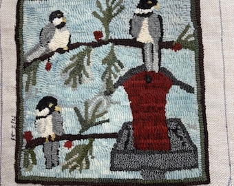 Feeding Chickadees Rug Hooking Pattern 14"x15", P107