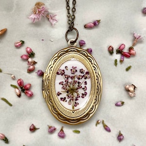 Vintage Bronze Locket Necklace: Real Dried Flowers, Photo Box