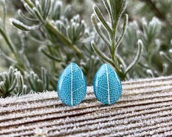 Turquoise earrings, Leaf vein earrings, Gift for sister, Leaf earrings, Botanical jewelry, Turquoise blue stud earrings, Bright blue studs