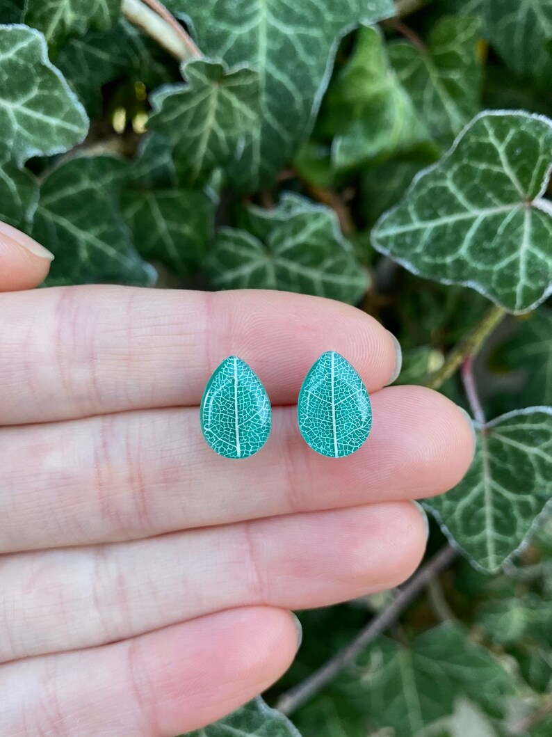 Leaf vein earrings, Gift for sister, Stylish stud earrings, Forest earrings, Teardrop studs, Woodland earrings, Leaf earrings image 6