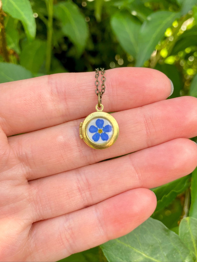 Tiny photo locket with real Forget Me Not flower, Little necklace for photo, Gift for daughter, Little girl locket, Daughter necklace memory afbeelding 5