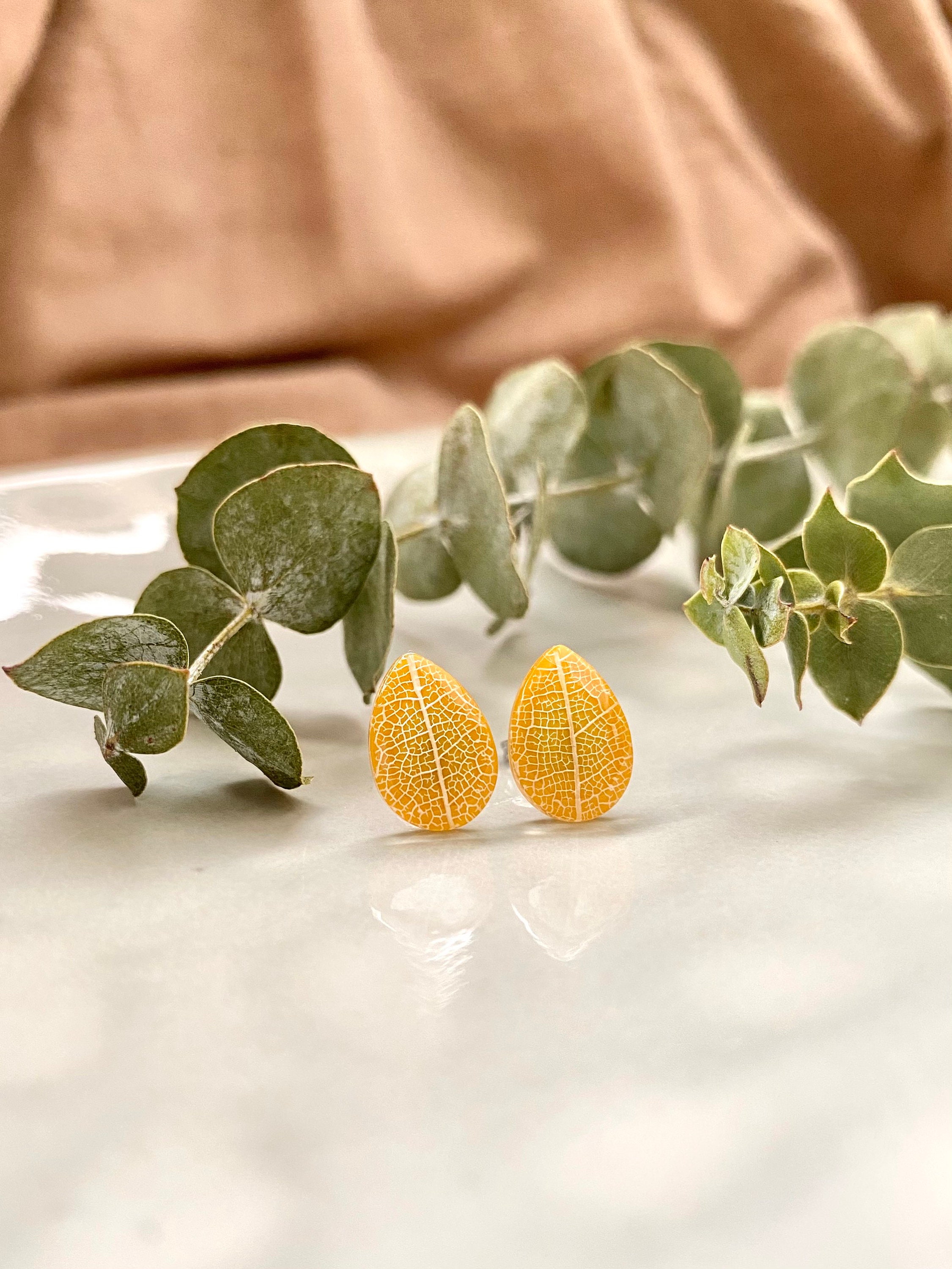 Ochre Leaf Stud Earrings: Real Leaf Veins in Resin