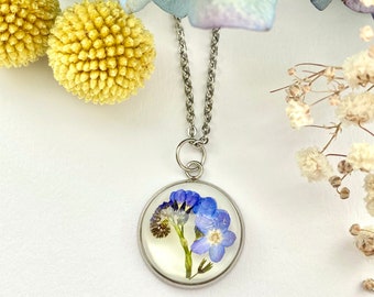 Forget Me Not Necklace: Real Dried Blue Flower, Stainless Steel Pendant