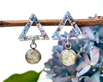 Geometry earrings, Celestial earrings, Blue and gold jewelry, Minimal jewelry, Lightweght earrings, Little earrings, Triangular earrings