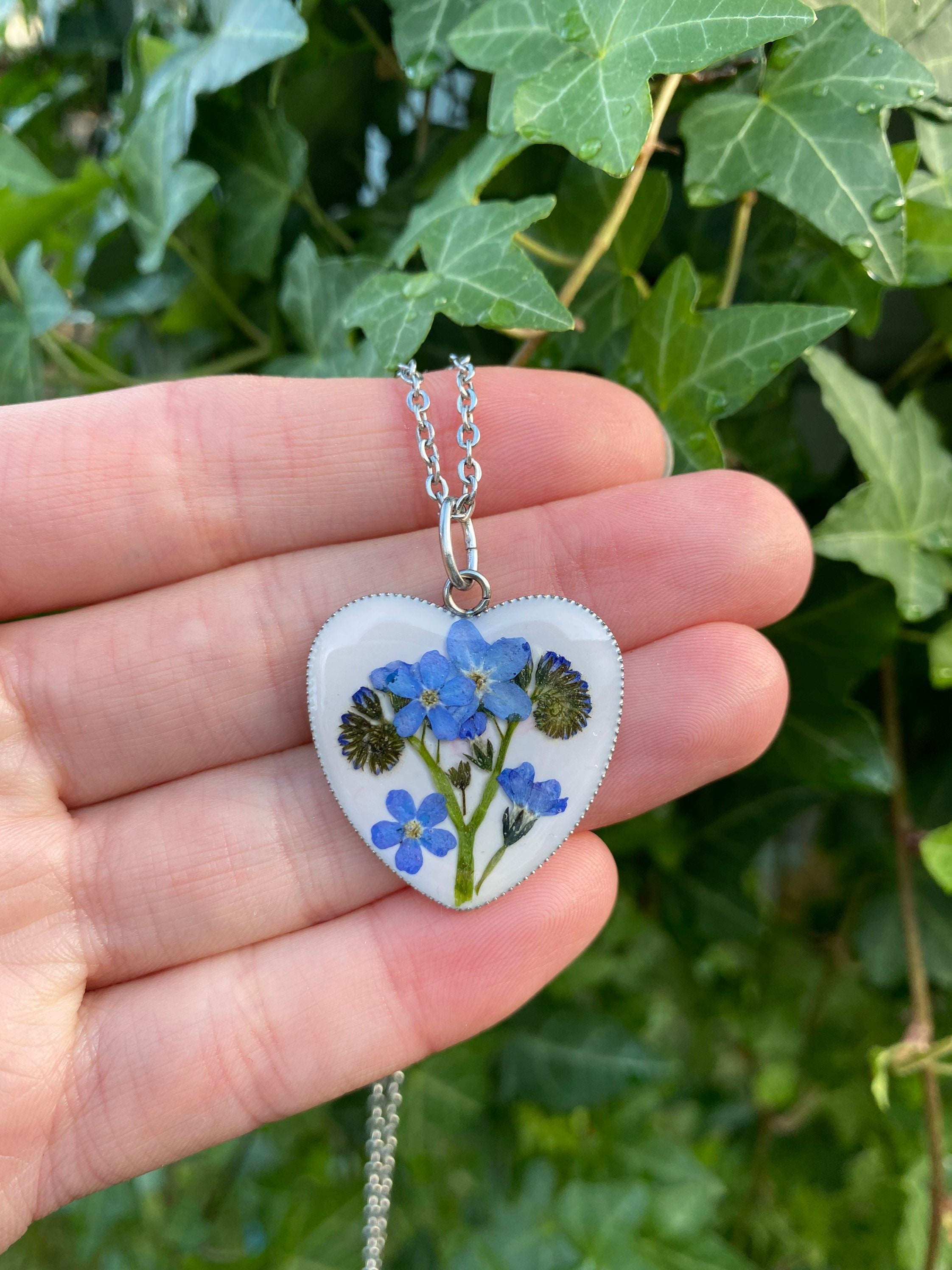 Forget Me Not Necklace: Real Pressed Flower Heart Pendant