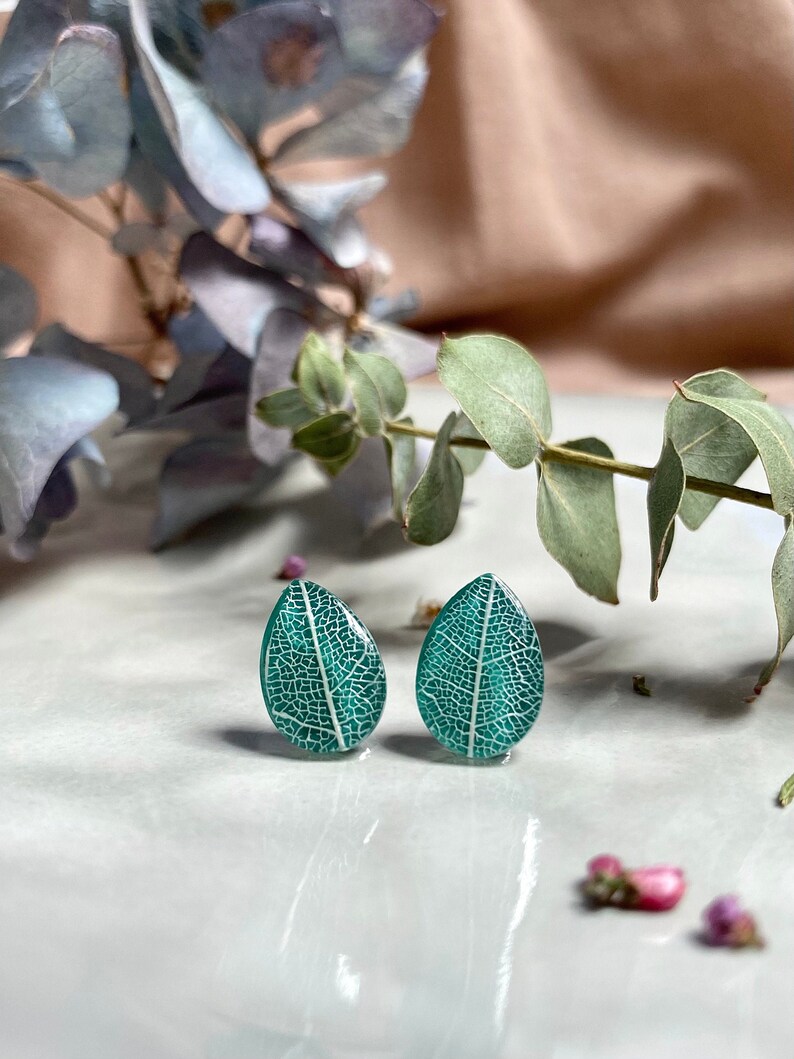 Leaf vein earrings, Gift for sister, Stylish stud earrings, Forest earrings, Teardrop studs, Woodland earrings, Leaf earrings image 1