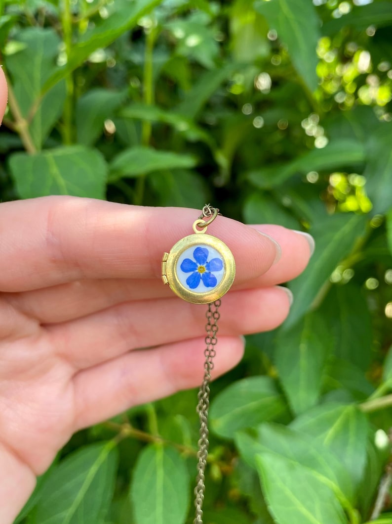Tiny photo locket with real Forget Me Not flower, Little necklace for photo, Gift for daughter, Little girl locket, Daughter necklace memory afbeelding 2