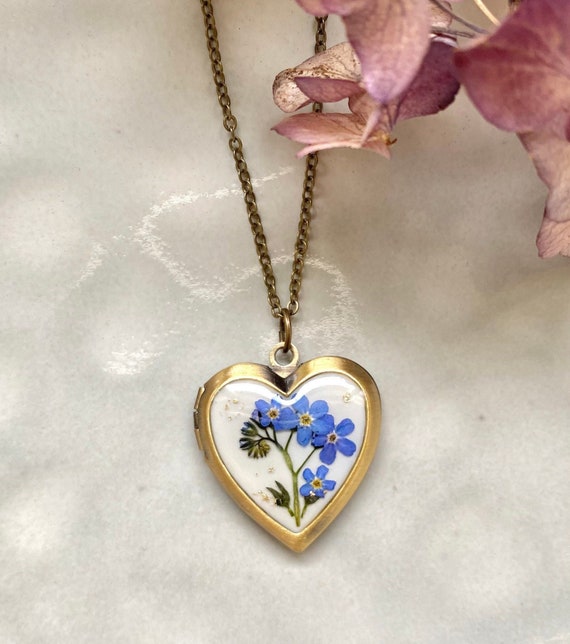 Heart Photo Locket With Real Forget Me Not Blue Flowers 