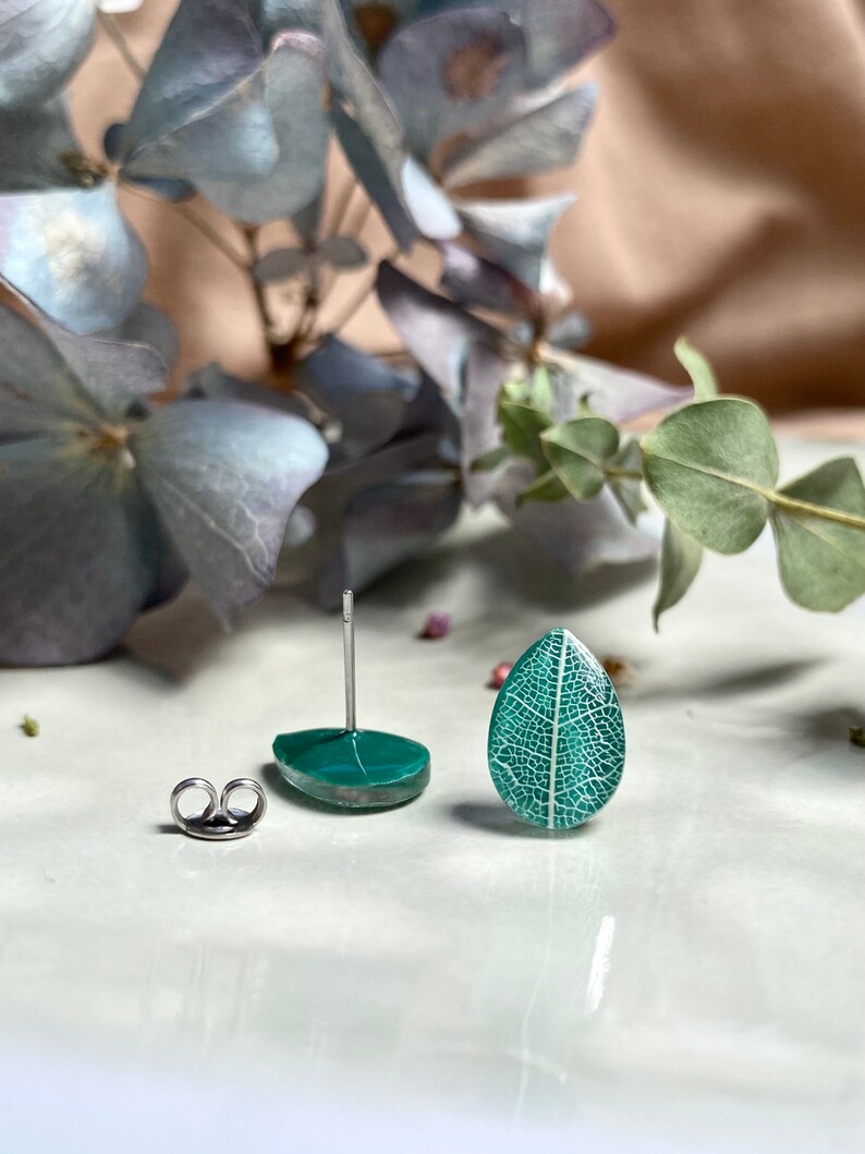 Leaf vein earrings, Gift for sister, Stylish stud earrings, Forest earrings, Teardrop studs, Woodland earrings, Leaf earrings image 5