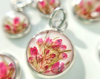 Tiny necklace with real flowers, Little pink flowers in resin necklace, Bright pink flowers necklace, Little necklace with flowers