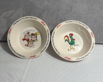 Lote vintage com 2 tigelas de cereal Kellogg's dos anos 90: Corny Rooster e Snap, Crackle, Pop.