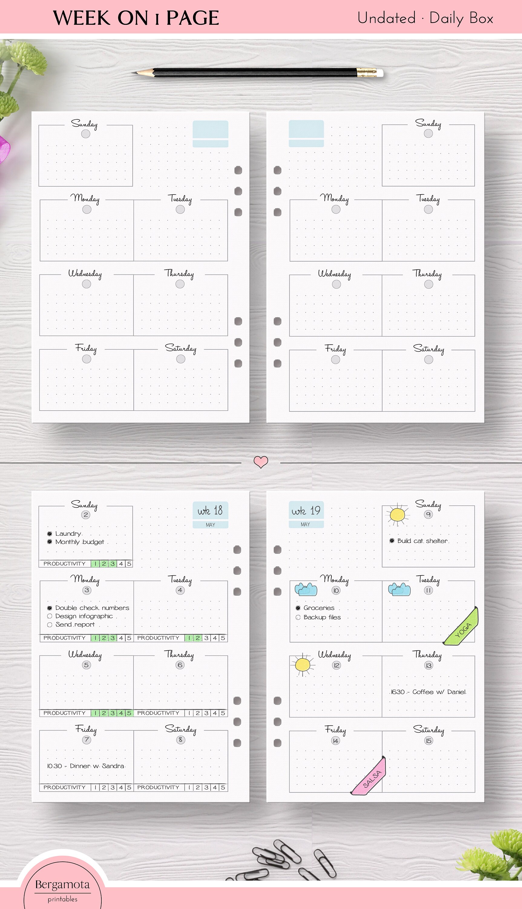 WO1P DAILY BOX Undated 8 printable planner pages Half Etsy