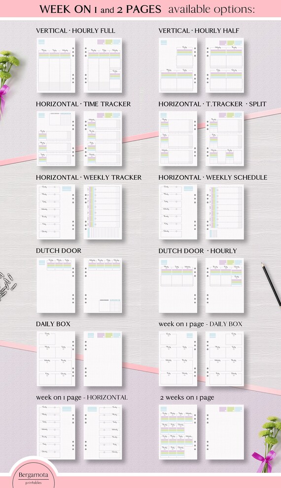 Wo2p Horizontal Time Tracker Split Undated 8 Printable Planner Pages A5 Hourly Week On 2 Pages Horizontal Weeks Weekly